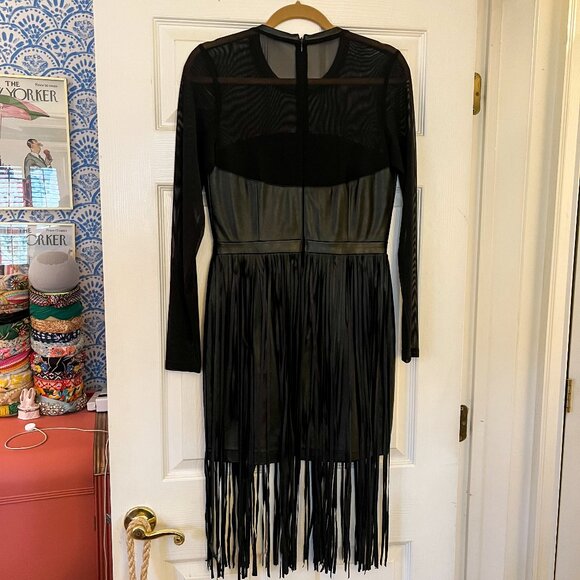 Nasty Gal Vegan Leather Fringe Mini Dress - Mesh Sleeves, Size M - Picture 2 of 2